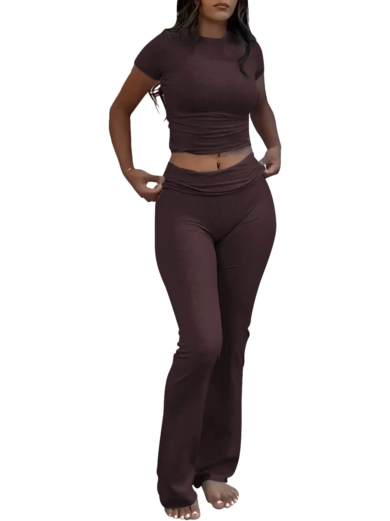 Casual Workout Two Piece Outfits Short Sleeve Crop High Waist Foldover Flare Pants Streetwear