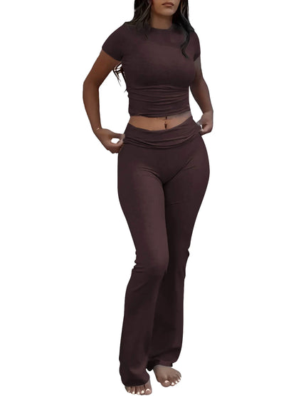 Casual Workout Two Piece Outfits Short Sleeve Crop High Waist Foldover Flare Pants Streetwear