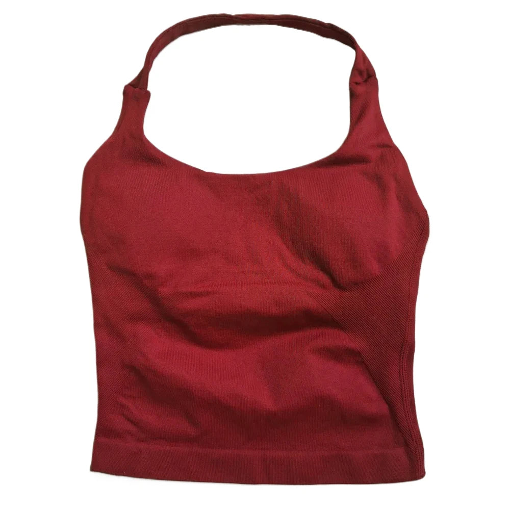 Strappy Workout Tank Top Padded Sports Bra Backless Yoga Shirts Seamless Gym Crop Top Halter