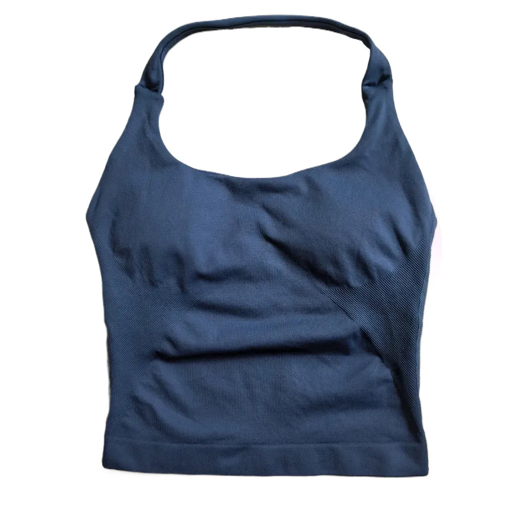Strappy Workout Tank Top Padded Sports Bra Backless Yoga Shirts Seamless Gym Crop Top Halter