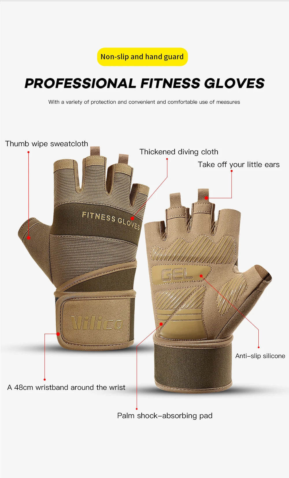 Half Finger Gym Gloves Weightlifting  Anti-Slip Fitness Gloves with Wrist Support