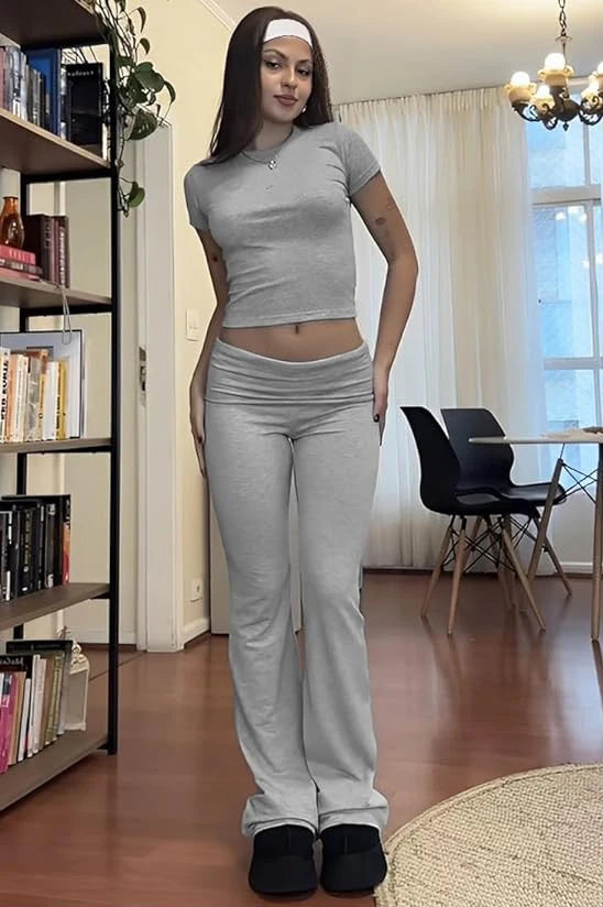 Casual Workout Two Piece Outfits Short Sleeve Crop High Waist Foldover Flare Pants Streetwear