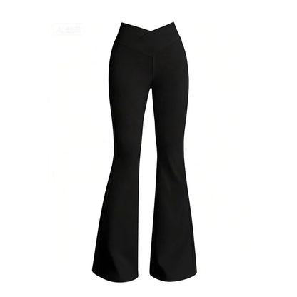 Women's elastic fitness pants, solid color high waist bell-bottoms with abdominal shaping design