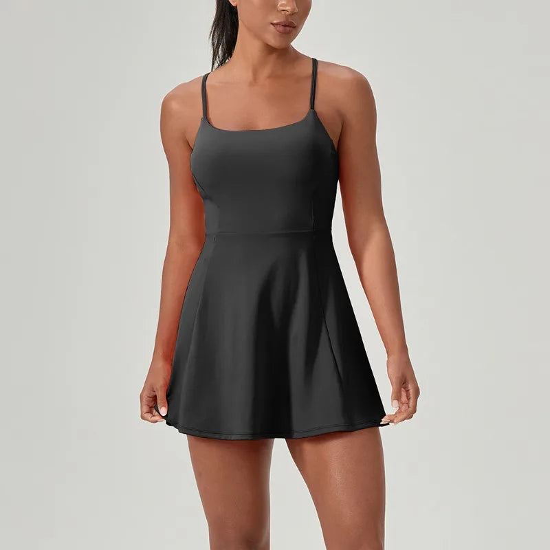 Tennis Dress Onesie with Built-in Bra Pad, Nude Feel Quick Dry Sports Dress for Golf