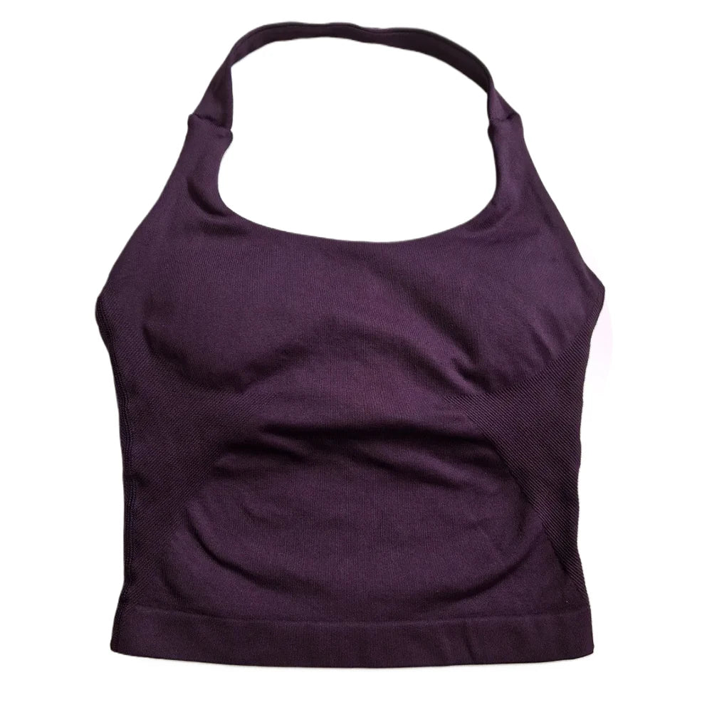 Strappy Workout Tank Top Padded Sports Bra Backless Yoga Shirts Seamless Gym Crop Top Halter