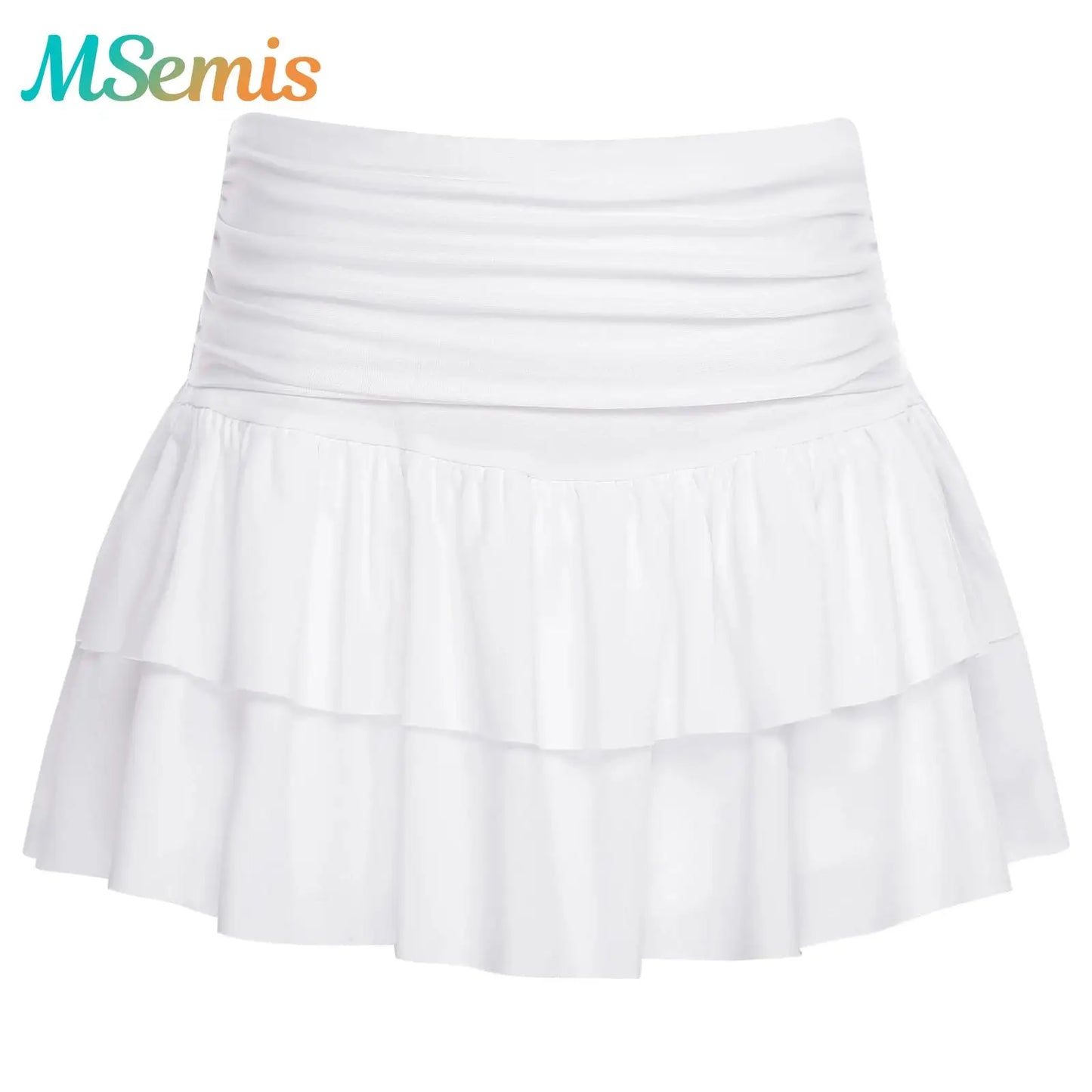Athletic Tennis Miniskirt Built-in Shorts Ruched Waist Tiered Pleated Hem Stretchy Skirt Y2K Flared Flowy Short Skirts