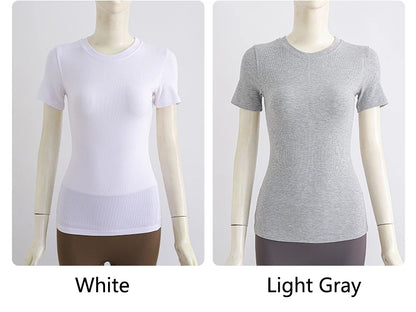 Women Yoga Tops Pilates Aerobic Clothes Tight Short Sleeve Workout Sport Fitness Gym T-shirt Slim Sportswear Blouse