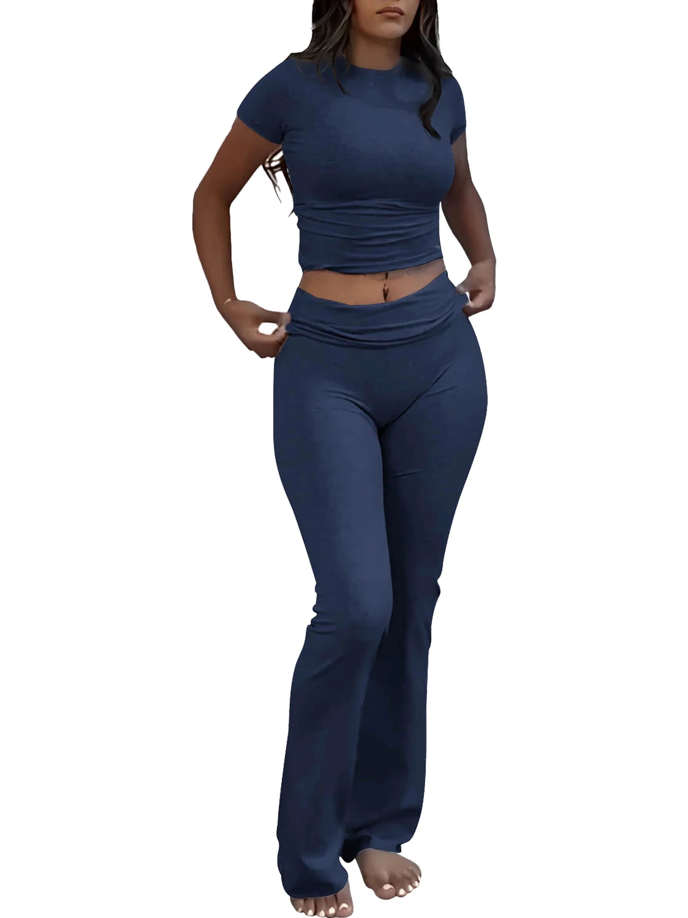 Casual Workout Two Piece Outfits Short Sleeve Crop High Waist Foldover Flare Pants Streetwear