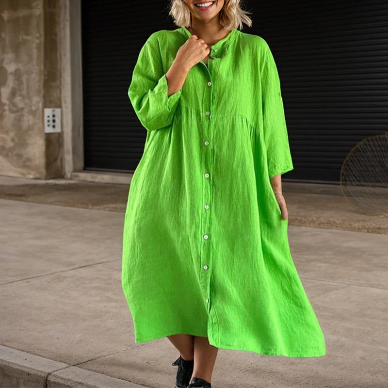 Casual Dress Long Sleeve Button O-neck Loose Solid Fashion Elegant Dress