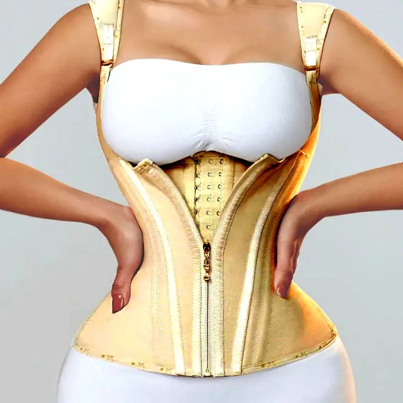 Double Compression Vest Bra Waist Trainer Corset with 17 Steel Bone Flat Belly Strap Slim Body Shaper