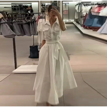 Casual Striped Women Summer Dress Lapel Single Breast Half Sleeve Slim Waist Long Dresses 2026 Autumn Lady Fashion Vacation Robe
