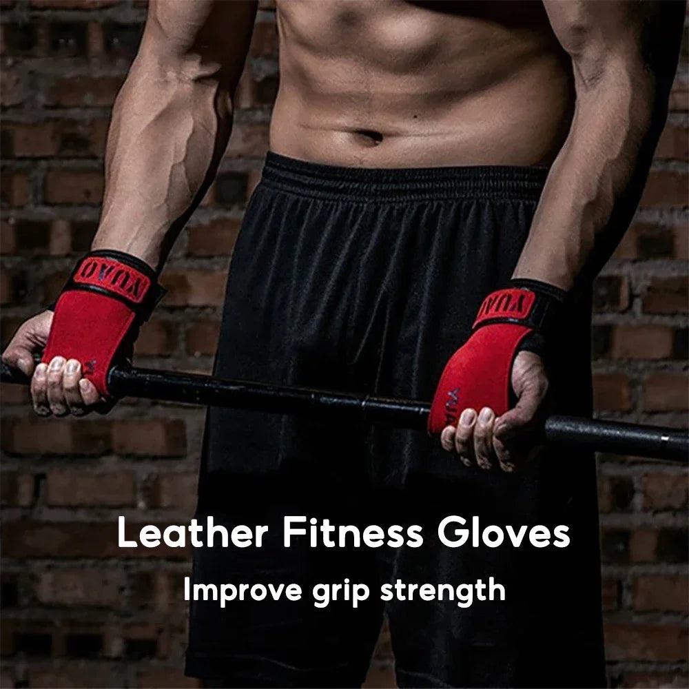 1Pair Cowhide Fitness Gloves Straps Grips Anti-Skid Weightlifting Gloves