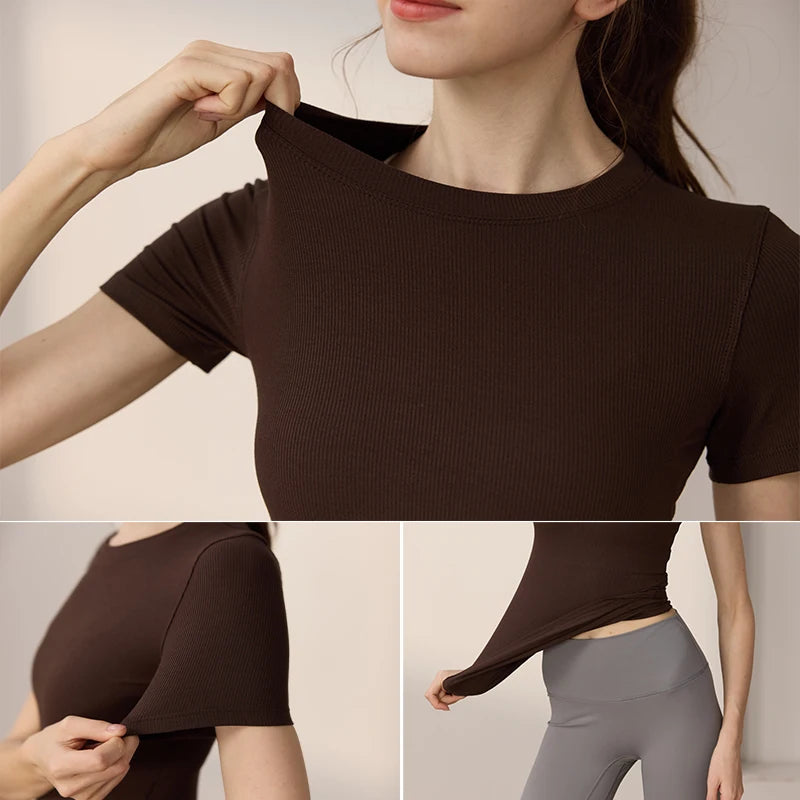 Women Yoga Tops Pilates Aerobic Clothes Tight Short Sleeve Workout Sport Fitness Gym T-shirt Slim Sportswear Blouse