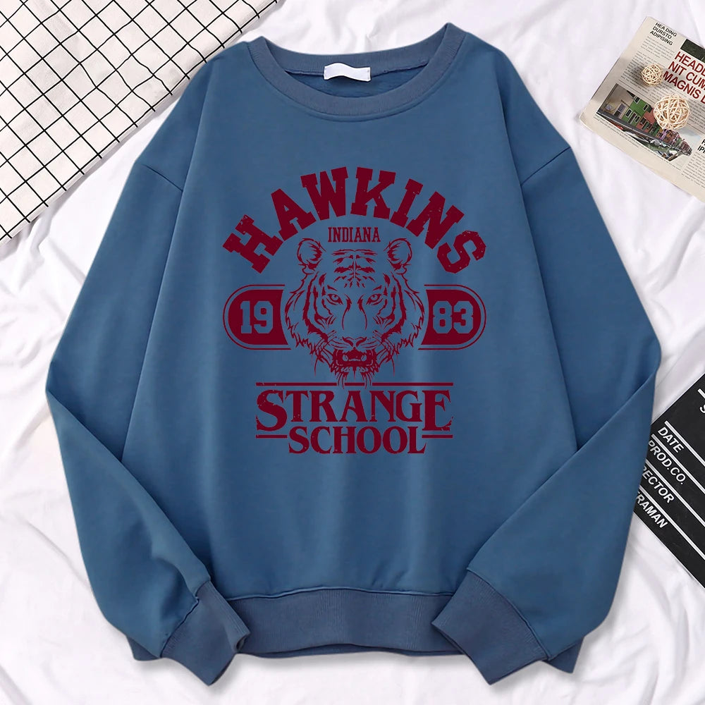 Casual Womens Sweatshirt Hawkins High School Indiana 1983 Printing Hoodies Loose Crewneck Pullovers Warm Fleece