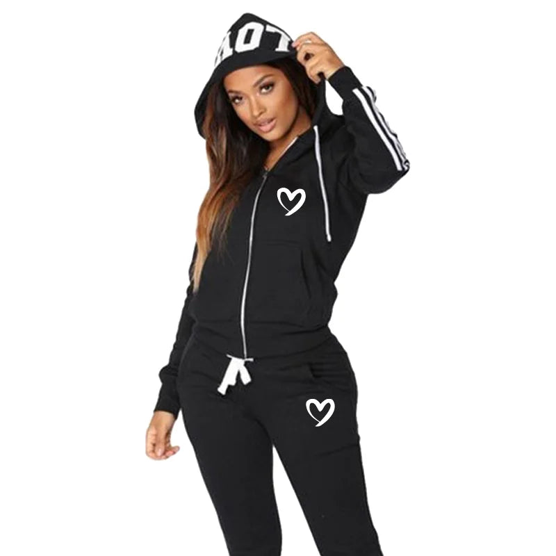 Fashion Women Hooded Jacket Casual Zipper Hoodies and Trousers  Two Piece Suits