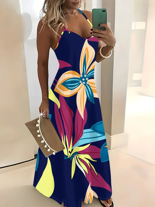 Casual Women Dress with Blue Yellow Gray Geometric Print A-Line Sleeveless Vest Dress Round Neck Summer Vacation Outfit