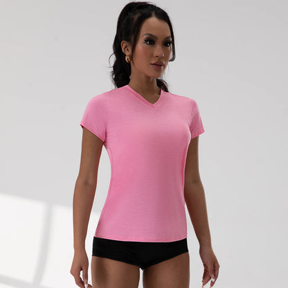 Yoga Shirts V-Neck Pleated Short Sleeve Sports Top Loose Solid Color Exercise Tee 5 Colors Gym Wear