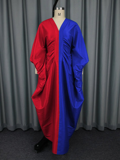 casual dresses loose V-neck long sleeved elegant party evening dresses pleated waist