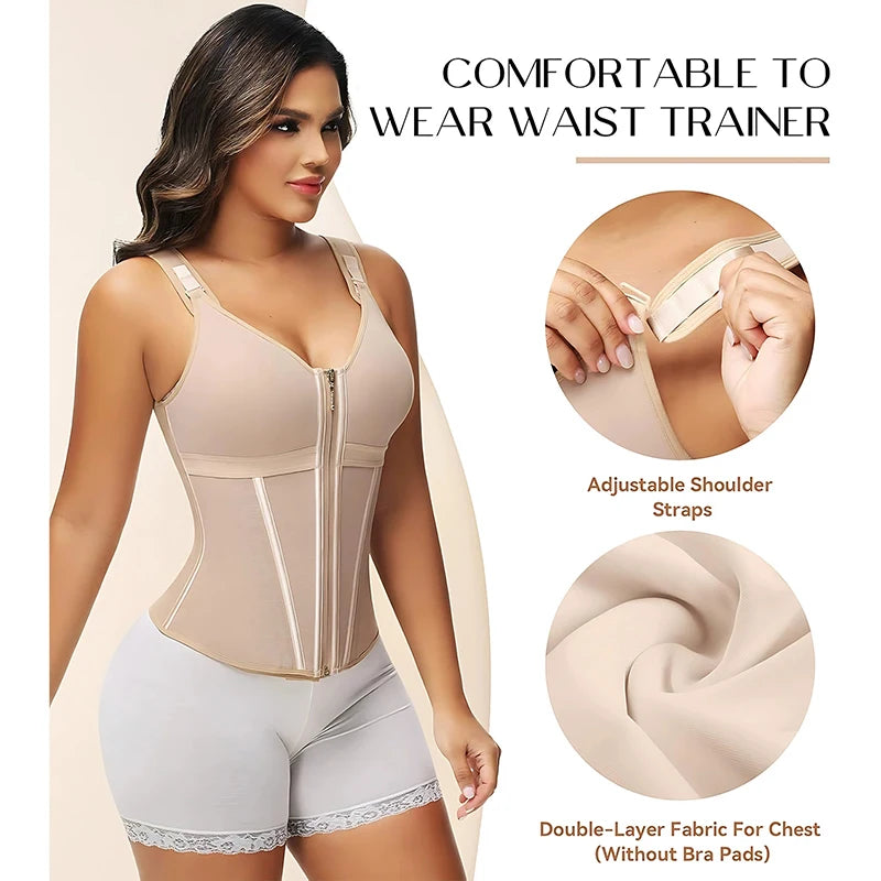 Double Compression Vest Bra Waist Trainer Corset with 17 Steel Bone Flat Belly Strap Slim Body Shaper