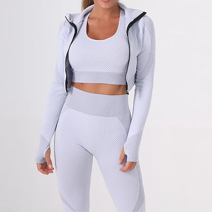 3PC Seamless Gym Clothing Workout Outfit with Jacket Bra & Leggings Set Yoga Suit for Sports Fitness