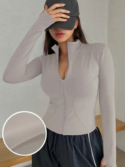Outdoor Sports Long Sleeved Women Slim Quick Dry Zipper Cardigan Stand Up Collar Jacket