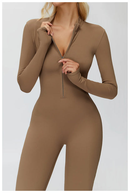 Yoga Suit Gym Set Tracksuit Zipper Long Sleeved Sports Jumpsuit Push Up Workout Clothes