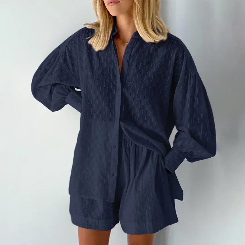Casual Loose Women Short Two Piece Set Suit Fashion Blouse Long Sleeve Shirt Lady Simple Style Shorts Streetwear Blouse Tops