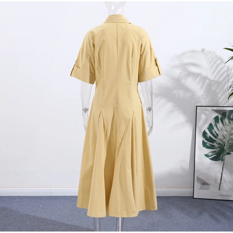 Casual Striped Women Summer Dress Lapel Single Breast Half Sleeve Slim Waist Long Dresses 2026 Autumn Lady Fashion Vacation Robe