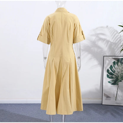 Casual Striped Women Summer Dress Lapel Single Breast Half Sleeve Slim Waist Long Dresses 2026 Autumn Lady Fashion Vacation Robe