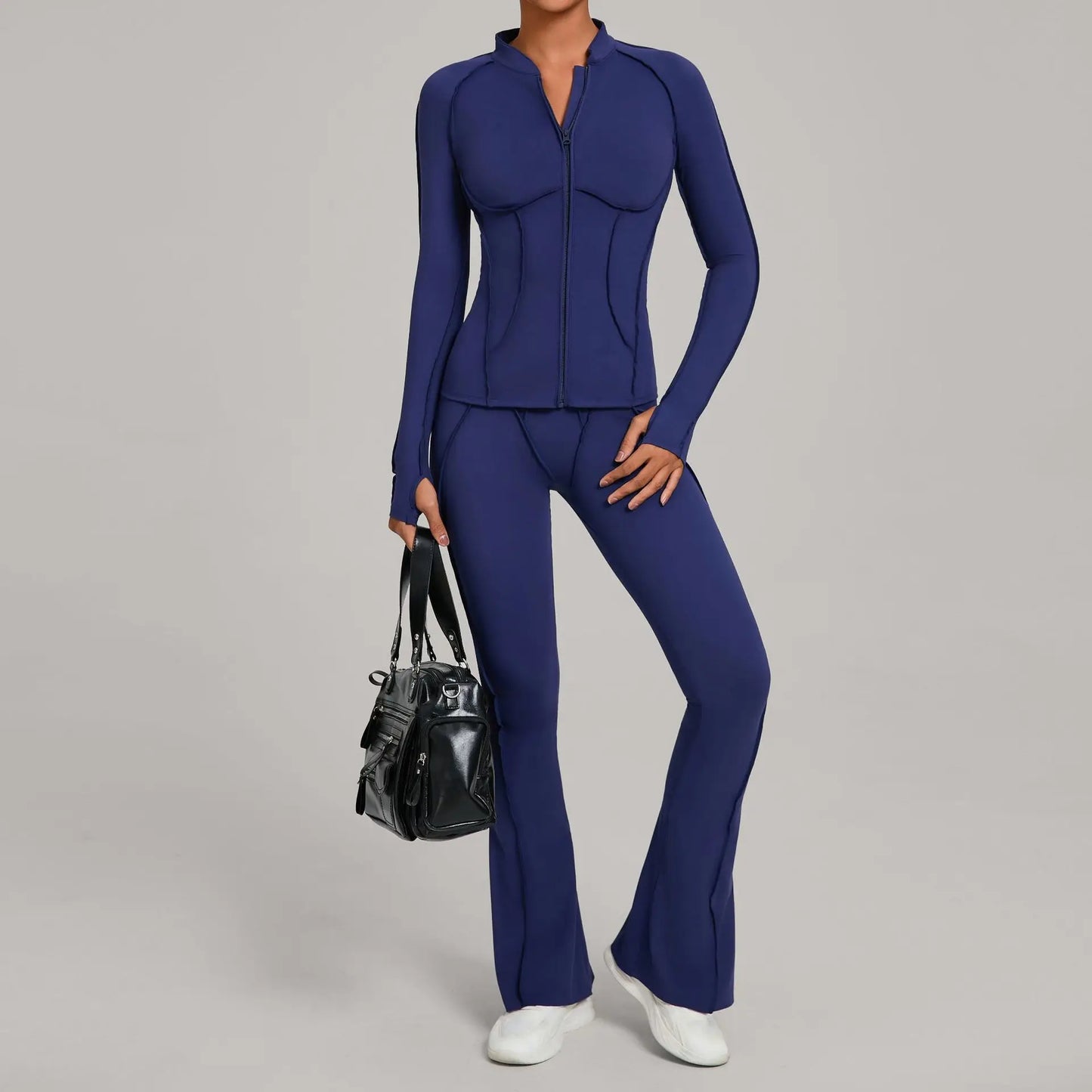 Gym Yoga Outfit Zipper Long Sleeve Fitness Suit Daily Casual Fitness Sportswear Two-Piece Sets