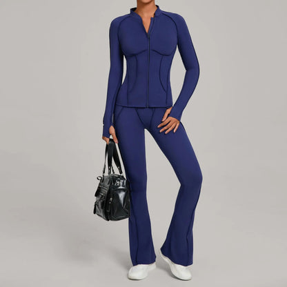 Gym Yoga Outfit Zipper Long Sleeve Fitness Suit Daily Casual Fitness Sportswear Two-Piece Sets