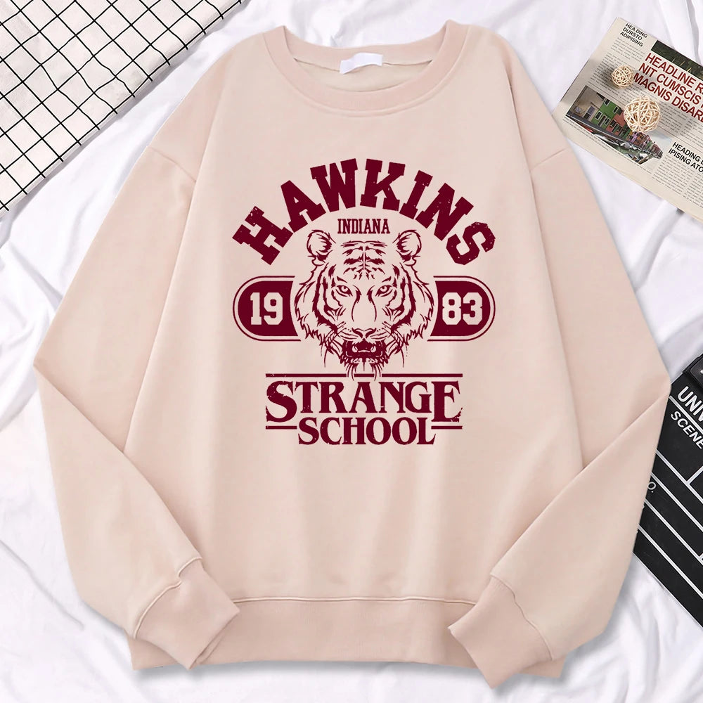 Casual Womens Sweatshirt Hawkins High School Indiana 1983 Printing Hoodies Loose Crewneck Pullovers Warm Fleece