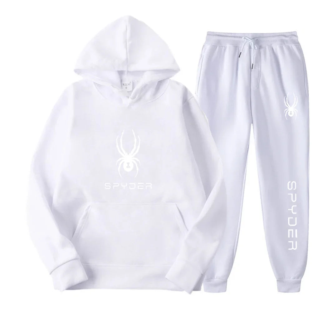 .A casual sports outfit consisting of a long-sleeved hooded t-shirt and elastic-waist pants.