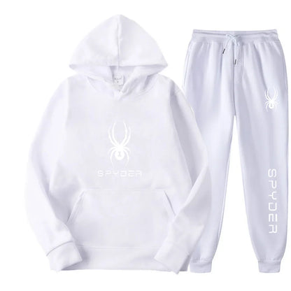 .A casual sports outfit consisting of a long-sleeved hooded t-shirt and elastic-waist pants.