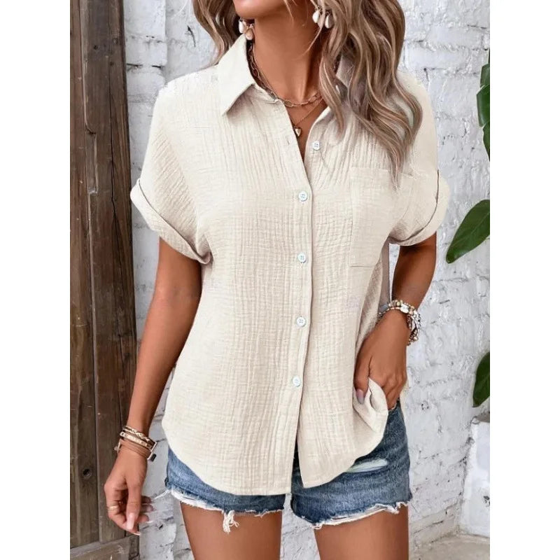 Women Casual Cotton Blouse Vintage Short Sleeve Slim Shirt Elegant Turn Down Collar Solid Tunics Streetwear