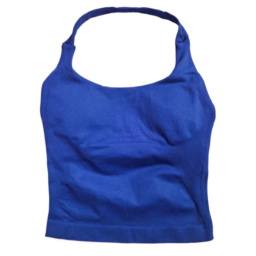 Strappy Workout Tank Top Padded Sports Bra Backless Yoga Shirts Seamless Gym Crop Top Halter