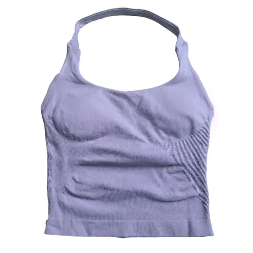 Strappy Workout Tank Top Padded Sports Bra Backless Yoga Shirts Seamless Gym Crop Top Halter