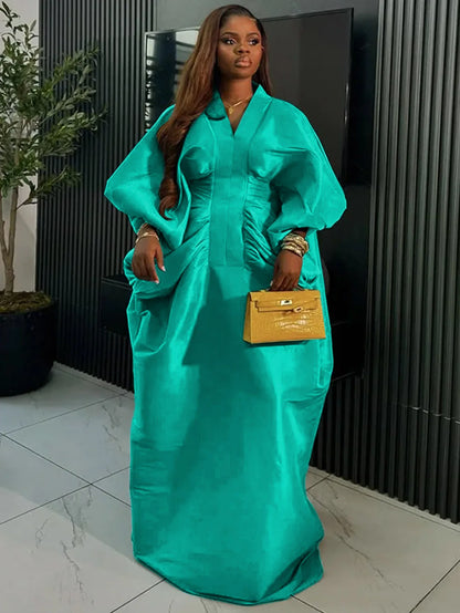 casual dresses loose V-neck long sleeved elegant party evening dresses pleated waist