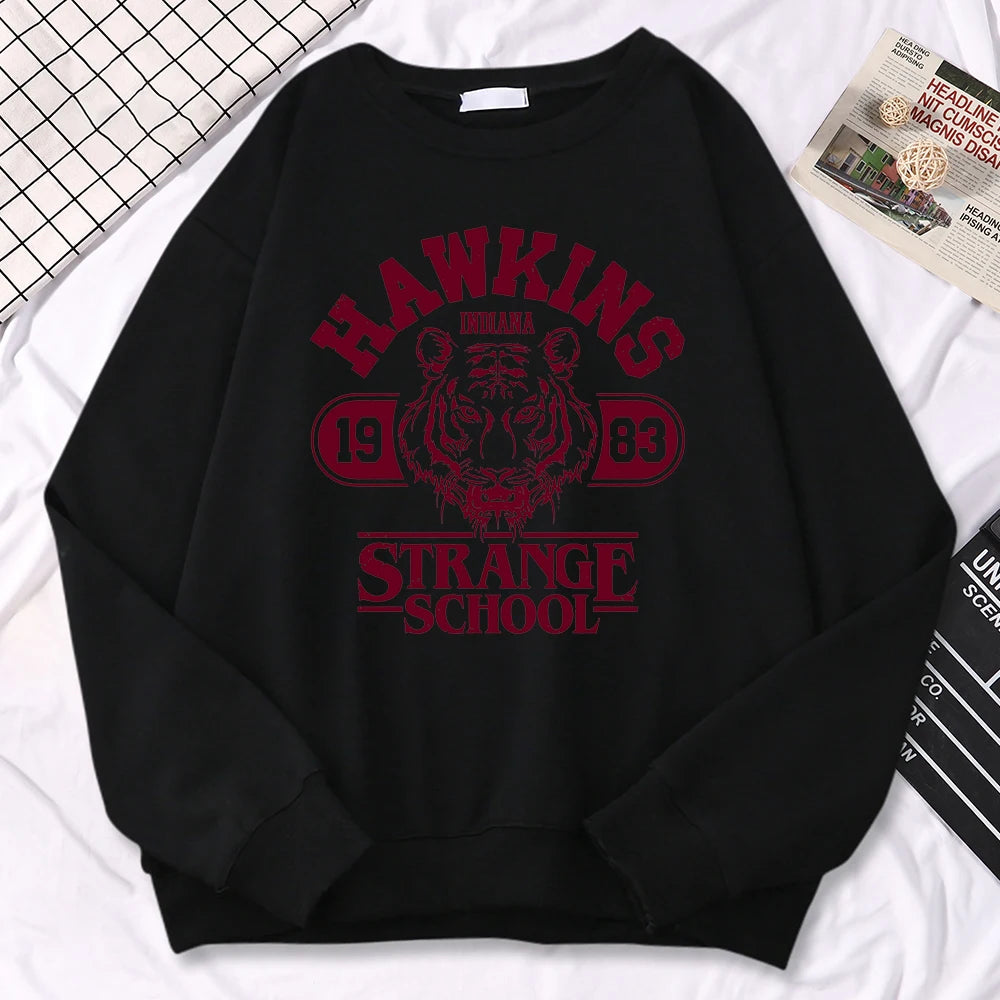 Casual Womens Sweatshirt Hawkins High School Indiana 1983 Printing Hoodies Loose Crewneck Pullovers Warm Fleece