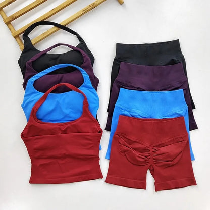 Yoga 2 Pieces Gym Set Backless Halter Tops High Waist Seamless Fitness Sports Bras Sportswear Workout Sets
