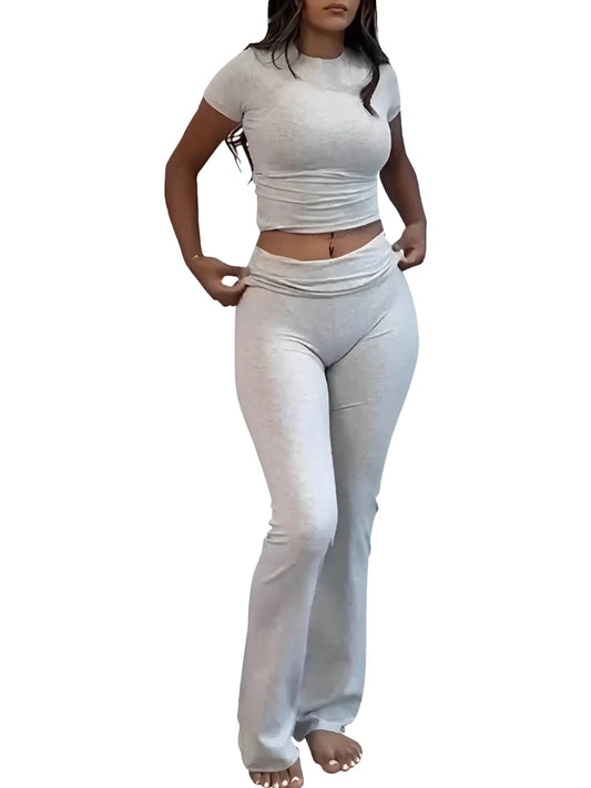 Casual Workout Two Piece Outfits Short Sleeve Crop High Waist Foldover Flare Pants Streetwear