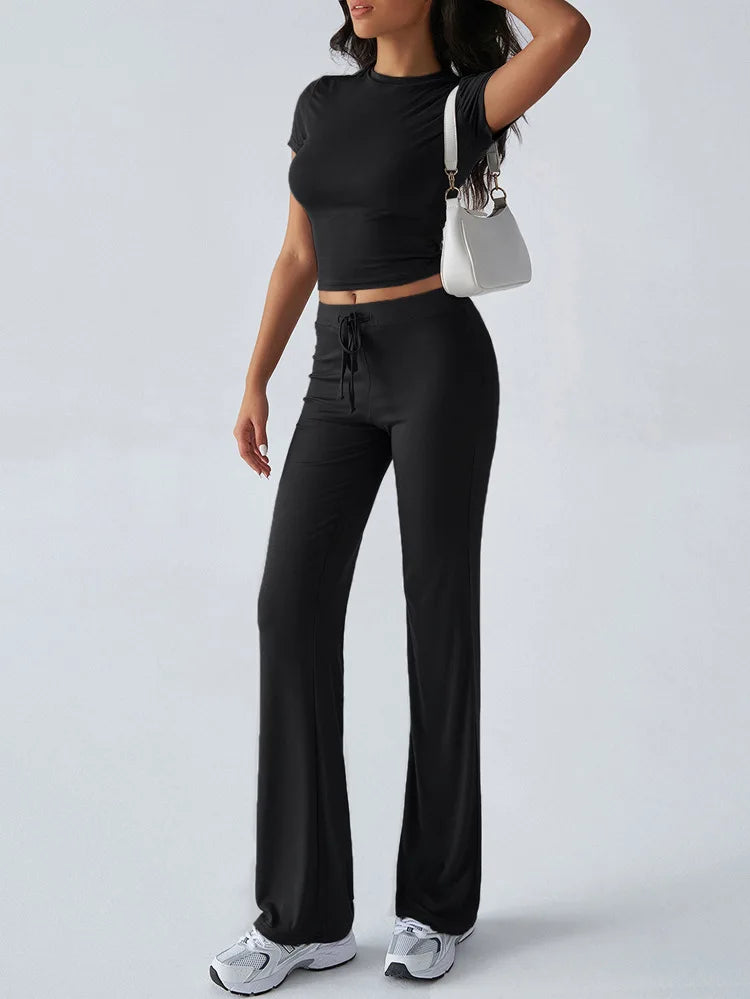 Women's Casual Lounge Set - Short Sleeve Top & Pants Two Piece, Home Wear Yoga Outfit