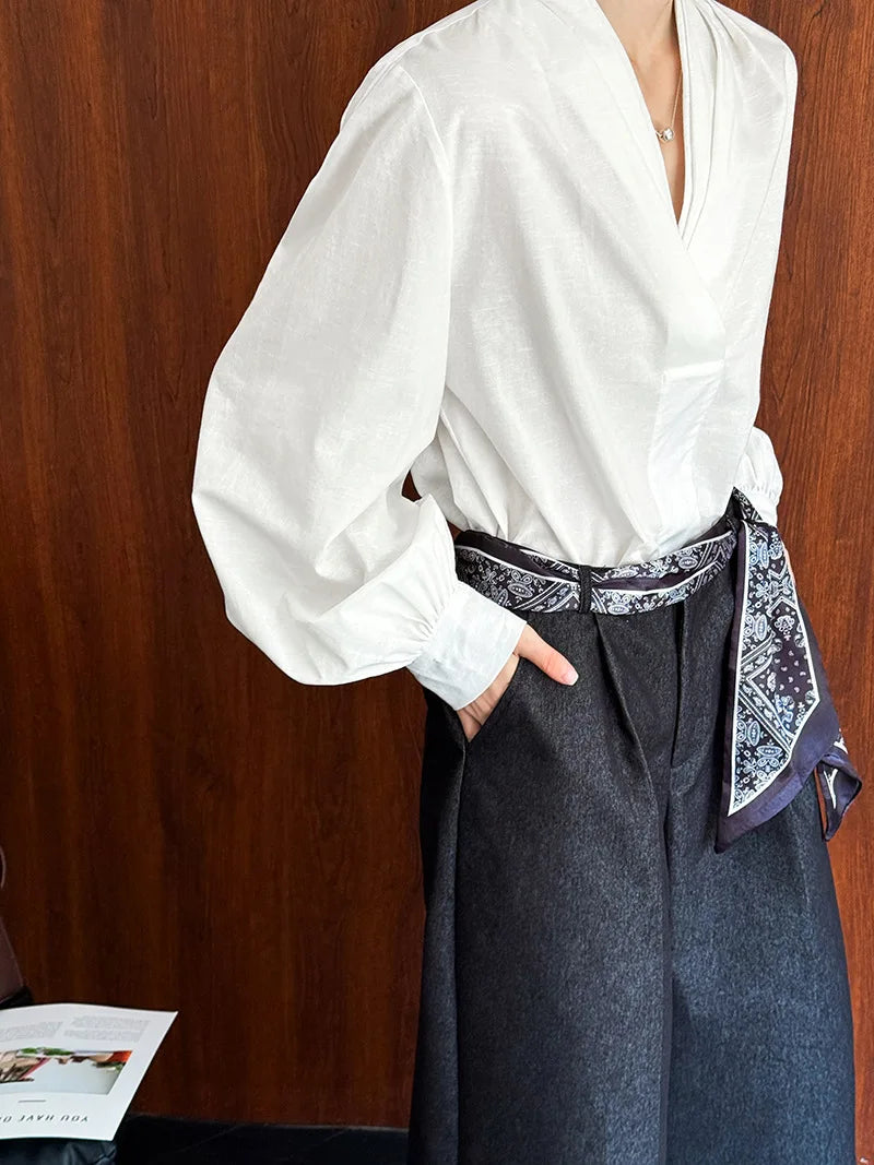 Women Casual Blouses V-Neck Puff Sleeve Office Blouses Fashion Shirts