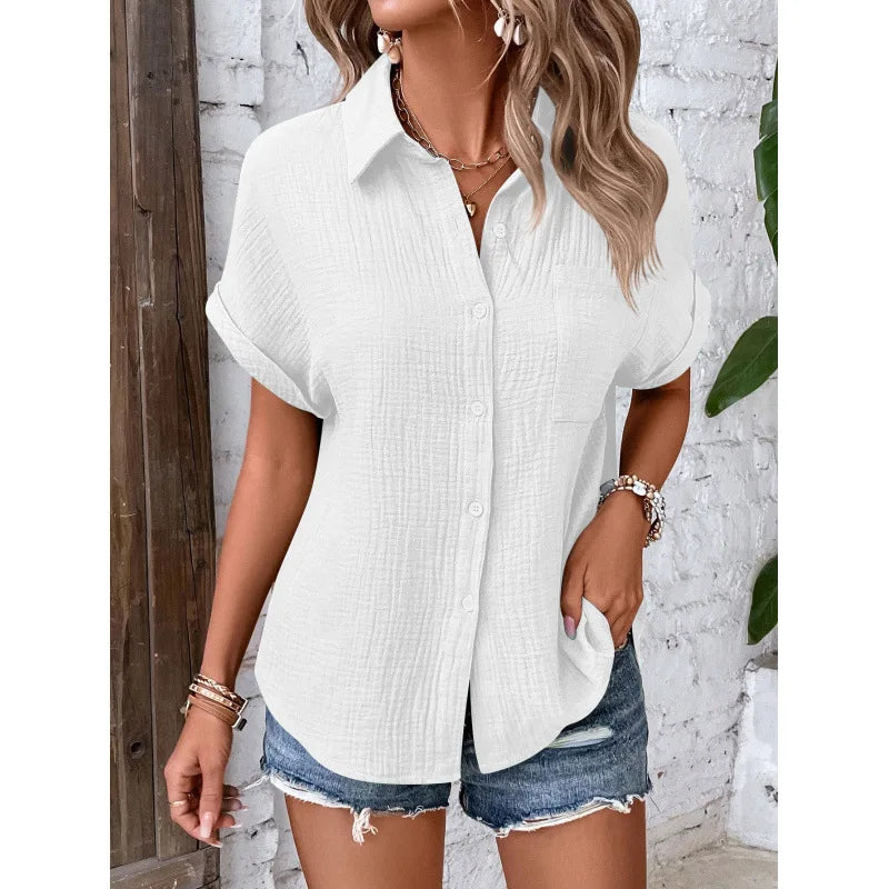 Women Casual Cotton Blouse Vintage Short Sleeve Slim Shirt Elegant Turn Down Collar Solid Tunics Streetwear