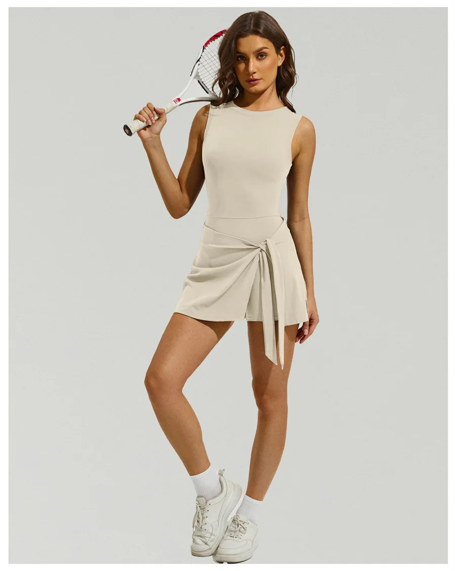 Sleeveless Tennis Dress Built In Shorts Golf Workout Sarong Wrap Backless Skirt Quick Drying Jumpsuit
