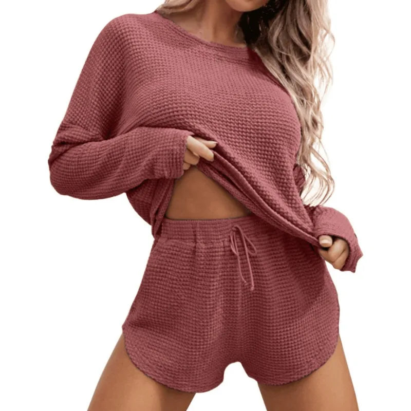 Women's Casual Home Wear Long Sleeved Shorts Set Outerwear Knitted Pajamas