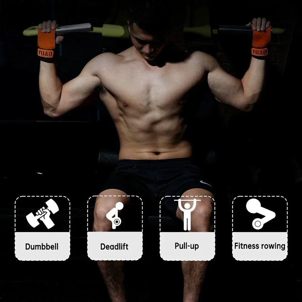 1Pair Cowhide Fitness Gloves Straps Grips Anti-Skid Weightlifting Gloves