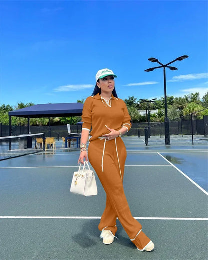 Active Wear Knitted Casual Tracksuit for Women Two Piece Set Sporty Fitness Striped Sweater Top and Wide Leg Pants Jogging Femme