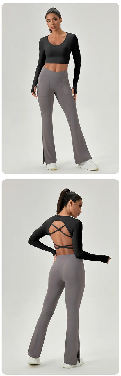 Yoga Wear Tight Long-sleeved Shirt with Chest Pads Crossed Beautiful Back Sports Top Quick-drying  Fitness Wear