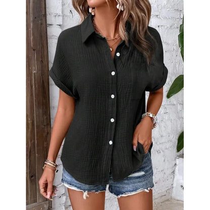 Women Casual Cotton Blouse Vintage Short Sleeve Slim Shirt Elegant Turn Down Collar Solid Tunics Streetwear